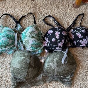 PINK Victoria's Secret Floral Lace Bra Trio - Green, Black, Teal